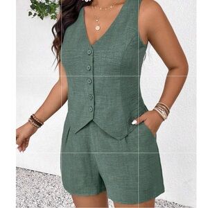 SHEIN Green Linen-Look Button Vest & Shorts Set